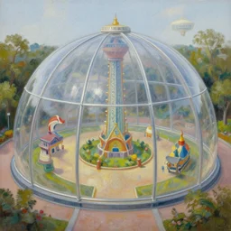 extra detailed photo of a theme park inside a transparent dome, oil painting