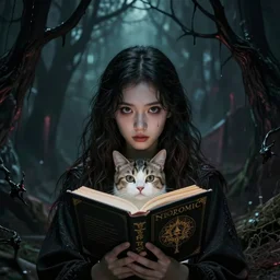 photo of very cute and bright girl, her cat and her book of necronomicon, symmetrical, cinematic, real dlsr photography, sharp focus, 4 k, ultra hd, sense of awe, sinister demonic atmosphere, dreadful, horror journal cover