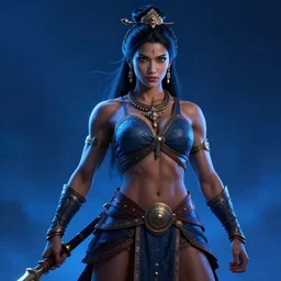 [ muscular ] hindu girl warrior by greg rutkowski, digital art, blue lighting trending on artstation, hd, 8 k, highly detailed, good lighting, beautiful, epic, masterpiece