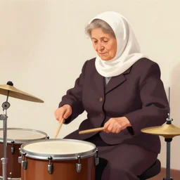 a babushka playing drums in a nice suit, digital art
