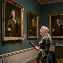 a female museum curator with light gold hair, cheerful, fae witch, is ( ( looking at portraits on a wall ) ). light dust, magnificent, hyperdetailed, theatrical, painted by jean honore fragonard