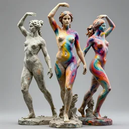 sculpture statue of Emma Watson by Jean-Baptiste Carpeaux and Luo Li Rong and Michael James Talbot, all body, standing athletic pose, perfect symmetrical face, psychedelic colors, bodypaint, acrylic paint splashes, in full growth, elegant, realistic, 8K, female full-skin figure, hyperrealism, subsurface scattering, raytracing, rim light, Octane Render, Redshift, Zbrush