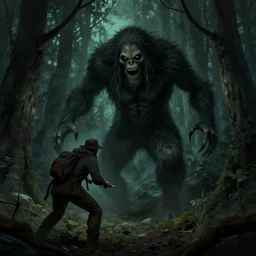 A scary wendigo about to hunt a hunter in a dark forest, eerie, scary, horror, digital art, artstation, WLOP, Mandy Jurgens