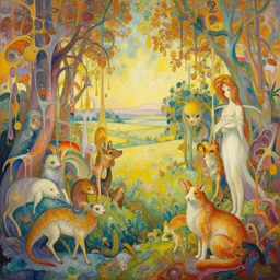 an hiper intricate oil painting of a beautifull serene landscape with surreal animals surounded by melting colorfull wax drips, colorfull, excelent composition, wide shot, by yoshitaka amano, by ellen jewett, by greg rutkowski, by alphonse mucha by jeremyg lipkinng, by rhads, by ross tran, artstation, octane render