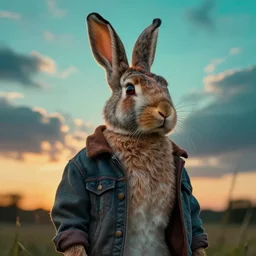 rabbit hybrid  in modern casual clothes , backlight  body , extreme very textured detailed intricate  victorian painting , sunset, dramatic clouds cyan atmosphere