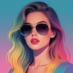 portrait art of an beautiful muted vaporwave ombre stylish retrofuturistic woman wearing oversized aviator sunglasses atmosphere, glow, shaded, full of colour, cinematic lighting, trending on artstation, 4 k, focused, extreme details, vector, by patrick nagel, bold clean lines