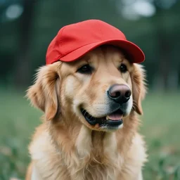 photography of a golden _ retriever with a red cap, cinematic film, bokeh
