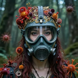 in toxic forest, portrait of a beautiful woman in ornate chem protection mask, sci - fi, post apocalyptic, spores, high detail, vibrant colors, face, by gaston bussiere, bayard wu, greg rutkowski, auguste bourotte, bastien deharme, masterpiece, sharp focus, cinematic lightning
