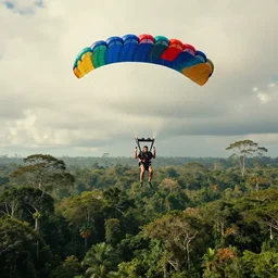 downward distant view of sky divers, open parachutes, colorful, parachuting downward, Amazon jungle setting, Photorealistic, establishing shot, cinematic lighting, , dramatic lighting, atmospheric, realistic, octane render, highly detailed, color graded, matte painting in the style of craig mullins