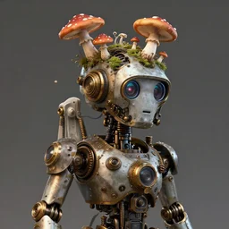 a steampunk robot with mushrooms growing out of it's head, detailed, 4 k, trending in artstation