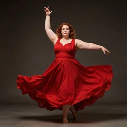 photo europian beautiful fat women with simmetrical beautiful face dressed in a red dress dansing, anatomically correct, full shot, kodak, sinematic lighting, intricate, elegant