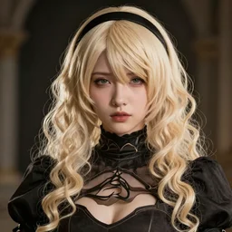 A beautiful portrait of 2B as a blond androgynous man, nier automata, cinematic lighting, 8k, octane render, long fluffy curly blond hair