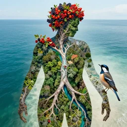 human with the sea and the forest inside, veins diverge through the body like rivers filmed on a satellite, a person is decorated with wild berries, a beautiful bird is looking at him next, analytical art, art photography, colorful picture