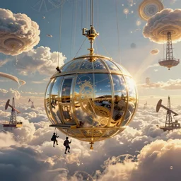 an inflated stainless steel chrome gondola in the clouds, people are hanging by steel cables. Oil rigs in the sky. Intricate technical drawing. Mammatus clouds. Ornate, brilliant, utopian, detailed, Golden ratio, solarpunk