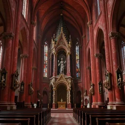 a hyper intricate oil portrait red church interior, excellent composition, wide shot, by zdzislaw beksinski, intricate, horror atmosphere, unreal engine 5 highly rendered, global illumination