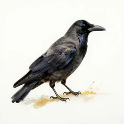 beautiful serene smart crow, healing through motion, minimalistic golden ink airbrush painting on white background