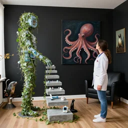 a female pathology student in her apartment, wrapped in vines, medical equipment, stepping stones, octopus, fur seal, black walls, ikebana, black armchair, sculpture, acrylic on canvas, surrealist, by magritte and monet