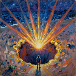 a fauvist painting of an aerial view of a man at the bottom of a deep hole on the beach at night