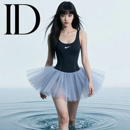 walking on water, youthful asian blade runner demure, 3 5 mm, exquisite features, feminine cut, pris mascara, nike neoprene tutu, misty, butcher billy, id magazine photoshoot