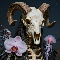 hyperrealism, night background, super zoom, goddess close - up portrait of skull real human skeleton ram skull!!!! jellyfish!! phoenix crow wings! giant orchid!! artwork by tooth wu and wlop. octane render, trending on artstation, greg rutkowski cinematic, hyper realism, high detail, octane render, 8 k