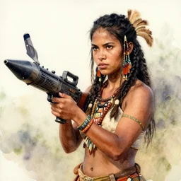 hyper realistic tribal girl holding a rocket launcher, watercolor, cinematic
