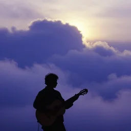 A slightly silhouetted figure of a man with a guitar, clouds that look like mountains the clouds are a deep blue purple color with the sun blazing behind the clouds, art by Ivan Aivazovsky