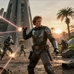 still image screenshot portrait of lando calrissian badass action scene with laser explosions and sparks, from the tv show mandalorian on disney +, scene in front of a strange building, moody mining planet, at - at imperial walkers, invading beautiful lush kashyyyk, backlit sunset, anamorphic lens, 3 5 mm film kodak 1 9 8 0 s