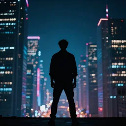 one man silhouette standing in front of a cyberperunk city, neon lights, night, very beautiful, trending on deviantart, movie still, bokeh