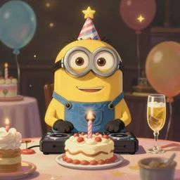 The latest art by studio ghibli, depicting a birthday boy DJ minion at thier birthday party
