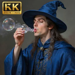 an anthropomorphic beautiful male wizard portrait blowing bubbles wearing blue robe, fine art, award winning, intricate, elegant, sharp focus, octane render, hyperrealistic, wizard hat cinematic lighting, highly detailed, digital painting, 8 k concept art, art by jamie hewlett and z. w. gu, masterpiece, trending on artstation, 8 k