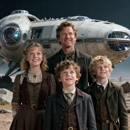 extremely sharply detailed, from blockbuster sci fi 8 k color movie freeze frame, set in 1 8 6 0, family standing in front of a crashed spaceship, on alien planet, looking happy, wearing 1 8 5 0 s era clothes, atmospheric lighting, in focus, reflective eyes, 3 5 mm macro lens, live action, nice composition, good photography, clear facial details
