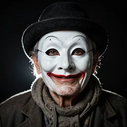 high contrast studio close - up portrait of a wrinkled old man wearing a pulcinella mask, clear eyes looking into camera, baggy clothing and hat, backlit, dark mood, nikon, photo by eolo perfido, masterpiece