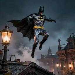 batman very skinny and tall wearing thin shiny silk costume jumping on victorian rooftop steampunk neon gas light evening smoky air