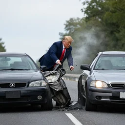 photograph of donald trump smashing cars on the highway