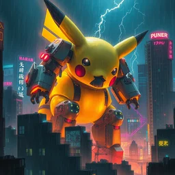 giant mecha - pikachu destroying a cyberpunk city at night, neon, by josan gonzalez and craig mullins, raining, thunder, electricity