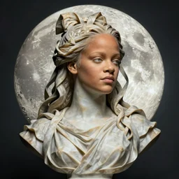 Rihanna as a beautiful marble bust of the goddess of the moon, with ribbons in the style of Escher, by Michelangelo