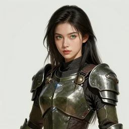 a professional portrait of a young female warrior, clothed in military-style battle armor, olive skin, long dark hair, beautiful bone structure, symmetrical facial features, green eyes, intricate, elegant and graceful, digital painting, concept art, smooth, sharp focus, illustration, finely detailed, from Metal Gear by Ruan Jia and Mandy Jurgens and Artgerm and William-Adolphe Bouguerea, award winning art, trending on Artstation