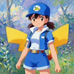 a portrait of a female pokemon trainer, blue outfit, very anime in impressionist style, anime trending artwork, anime painter studio, by claude monet