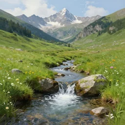 natural mountain spring, gush, small river, creek, high mountains, green meadow, alps, pyranees, digital painting, classical painting, hudson river school, realistic lighting, idyll