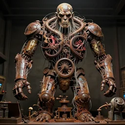 movie still of intricatly macerated by age, sentient, dethroned goliath machine, blood turbines, hydrocracking, rusted, macerated, eviscerated by fimbria wires, 4 story pinball machine, bicornate fungal pit, by alberto bontempi, shigeru komatsuzaki, wayne d barlowe, alex ross, simon bisley