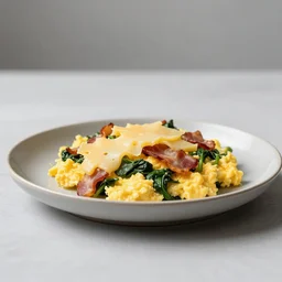 food photography of gruyere, bacon and spinach scrambled eggs, minimalistic side view high bokeh, cinematic studio lighting