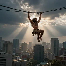 tarzan hanging from a city powerline