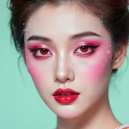 facial portrait of a gelatin like female with candy makeup, red eyes, sugar crystals on skin, mint background, deep focus, intricate, elegant, highly detailed, photo, 8 0 s, artstation, 8 k, sharp focus, subsurface scattering, global illumination, radiant