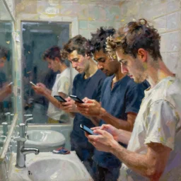 a beautiful painting by mark tennant of people looking at their phone in a bathroom, color bleeding, brushstrokes by jeremy mann