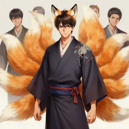 An beautiful digital painting of a bishounen man with fox ears and nine tails wearing a kimono, by Stanley Artgerm Lau, WLOP, Rossdraws, James Jean, Andrei Riabovitchev, Marc Simonetti, and Sakimichan, tranding on artstation, SFW version