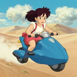 a wholesome animation key shot of nausicaa riding a flying jetbike the desert by herself, studio ghibli, pixar and disney animation, sharp, disney concept art watercolor illustration by mandy jurgens and alphonse mucha and alena aenami, pastel color palette, blowing dandelion seeds float, bloom, dramatic lighting