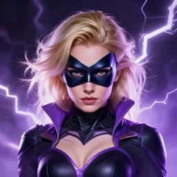 character concept portrait, head-on centralized, super-hero girl, domino mask, blond, black and violet costume, aura of power. Detailed, high quality, dynamic lightning, fantasy. Artwork by Artgerm, WLOP, Alex Ross, Greg Rutknowski, Alphonse Mucha