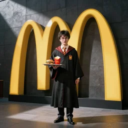 Harry Potter as an intern serving food in McDonald's