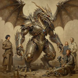 complex detailed being of dragon technician, futuristic, tim hildebrandt, laurie greasley, victo ngai, bruce pennington, donato giancola, trending on artstation, very intricate cinematic composition, beautiful tan lighting, hyper detailed, 8 k, oil on canvas