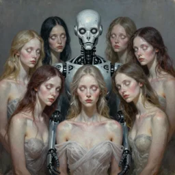 a demonic horrific portrait of robot 9 0 0 0 and his wives, white eyes, bored, illustration, soft lighting, soft details, painting oil on canvas by edmund blair leighton and charlie bowater octane render, hdr, trending on artstation, 4 k, 8 k, hd